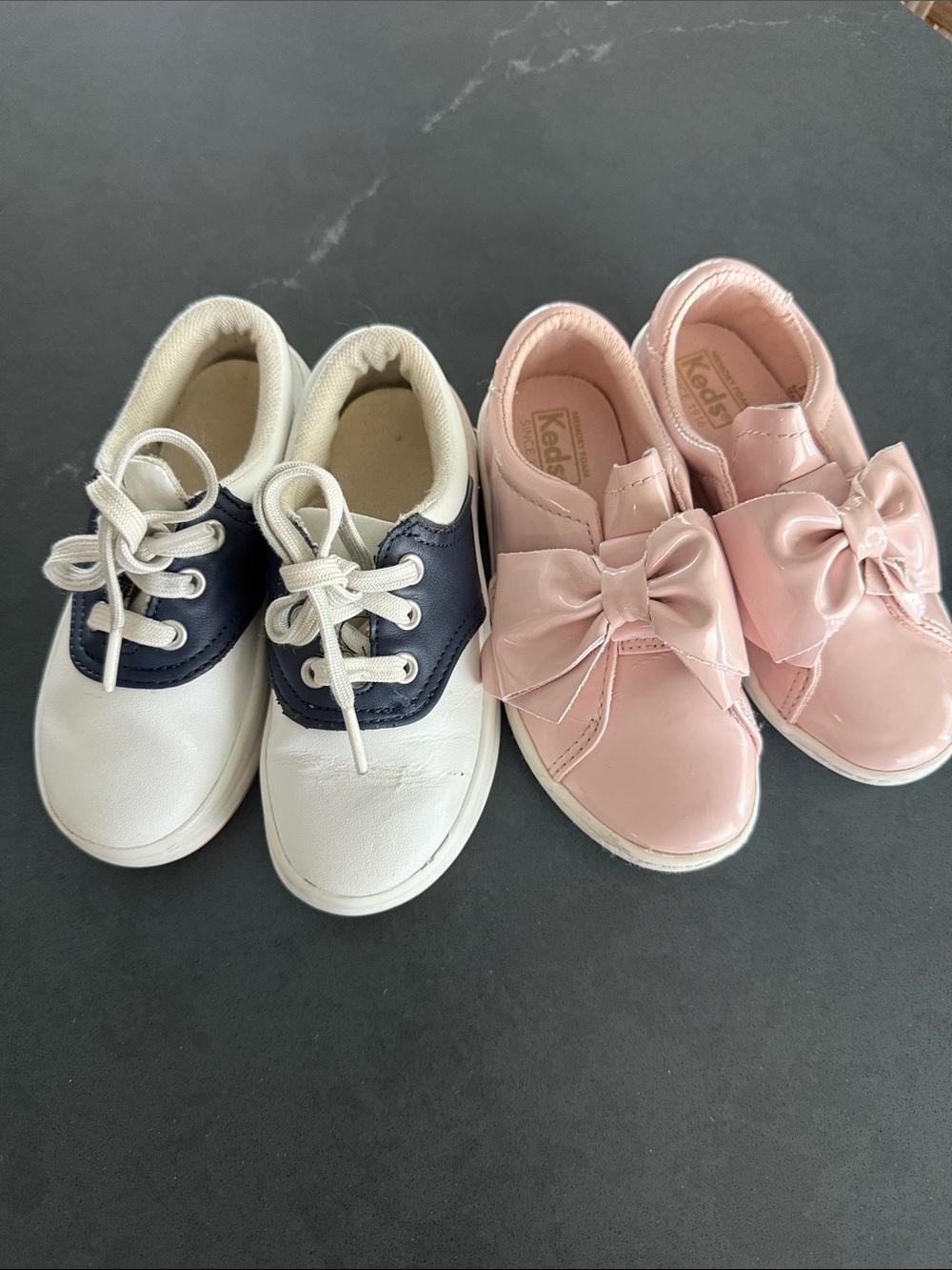 Toddler Girls Shoe Bundle Size 9C Pink Bow Sneakers & Navy White Dress Shoes